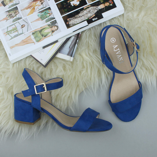 Cobalt Blue Suede Mid Block Heel Ankle Strap Barely There Sandals