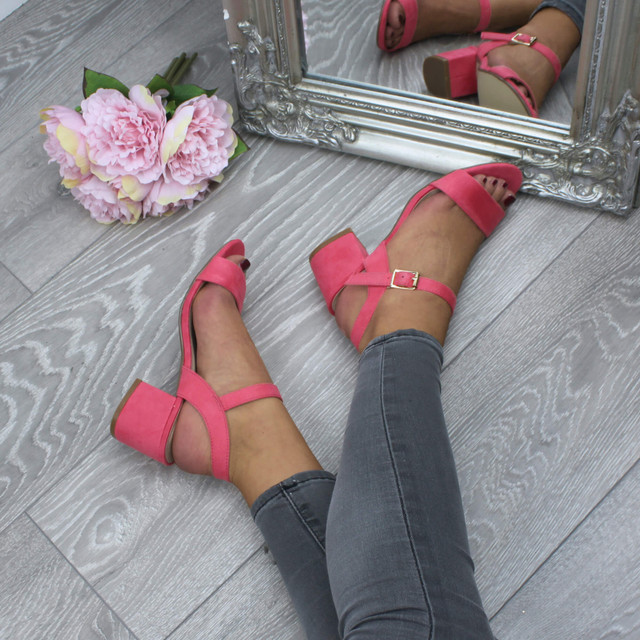 Model wearing Coral Suede Mid Block Heel Ankle Strap Barely There Sandals