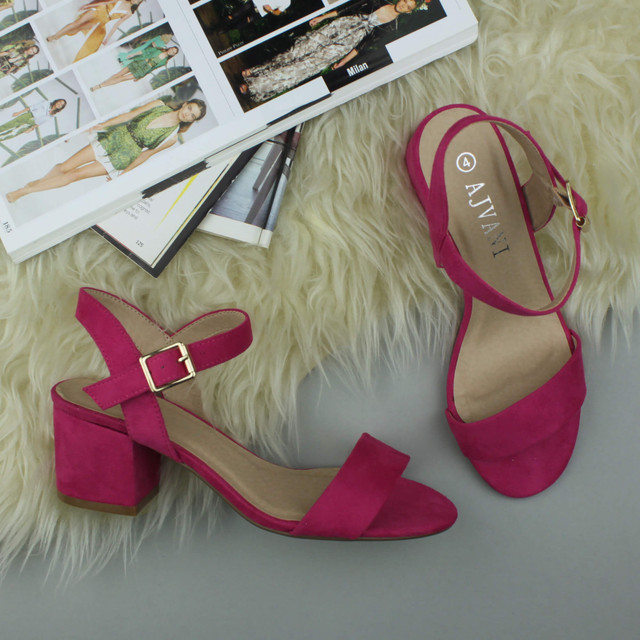 Fuchsia Pink Suede Mid Block Heel Ankle Strap Barely There Sandals
