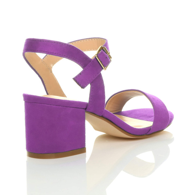Back right side view of Purple Suede Mid Block Heel Ankle Strap Barely There Sandals