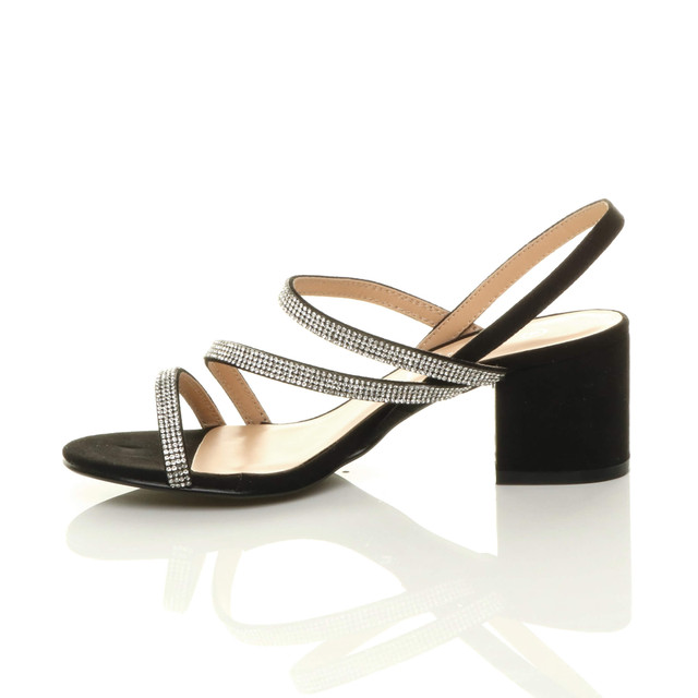 Left side view of Black Suede Mid Block Heel Slingback Strappy Diamante Sandals