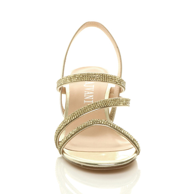 Front view of Gold PU Mid Block Heel Slingback Strappy Diamante Sandals