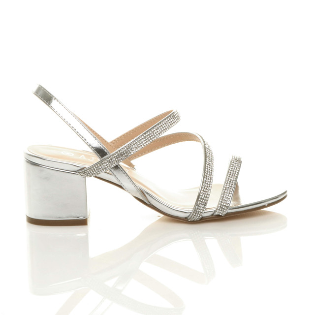Right side view of Silver PU Mid Block Heel Slingback Strappy Diamante Sandals