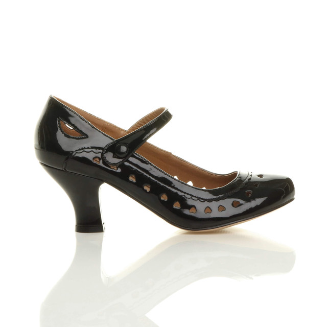 Right side view of Black Patent Mid Heel Mary Jane Heart Cut Out Court Shoes