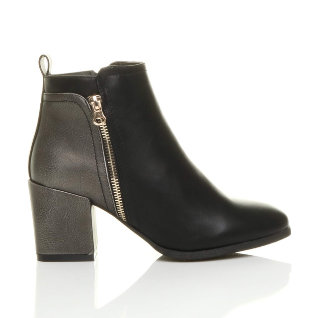 Right side view of Black PU High Block Heel Metallic Contrast Ankle Boots