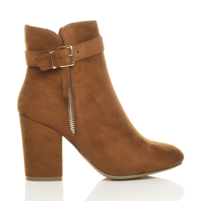 Right side view of Camel Tan Suede High Block Heel Gold Zip Ankle Boots