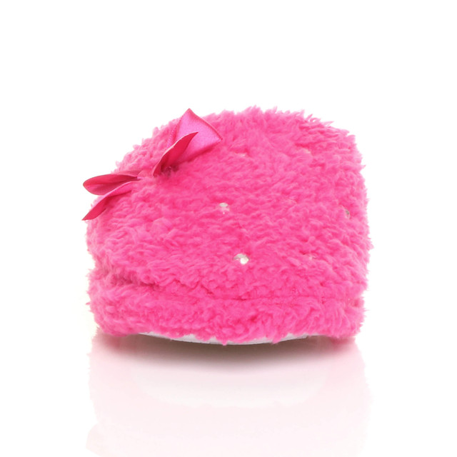 Front view of Fuchsia Diamante Flat Fleece Fluffy Mules Slippers