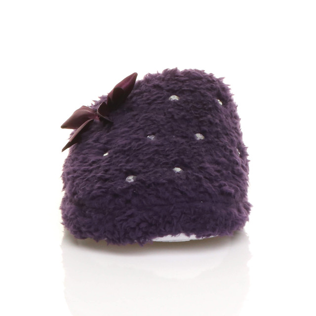 Front view of Purple Diamante Flat Fleece Fluffy Mules Slippers