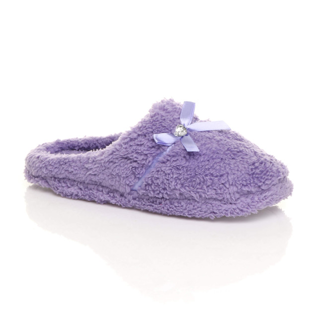Front right side view of Lilac Flat Fleece Fluffy Mules Slippers