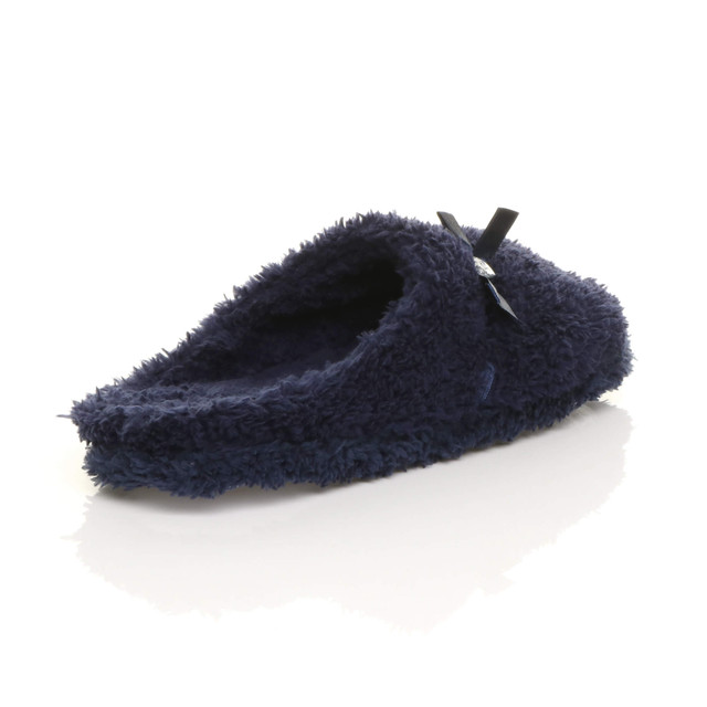 Back right side view of Navy Flat Fleece Fluffy Mules Slippers
