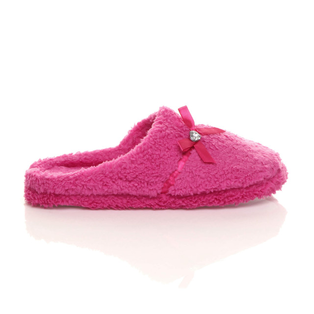 Right side view of Fuchsia Pink Flat Fleece Fluffy Mules Slippers