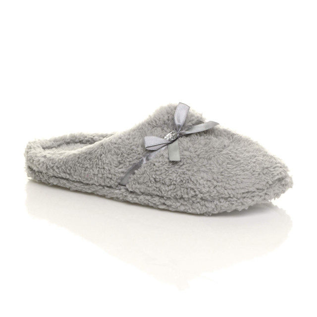 Front right side view of Grey Flat Fleece Fluffy Mules Slippers