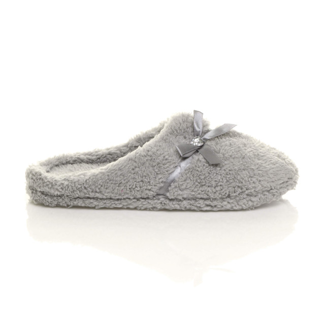 Right side view of Grey Flat Fleece Fluffy Mules Slippers