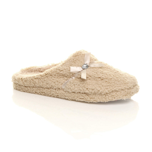 Front right side view of Beige Flat Fleece Fluffy Mules Slippers