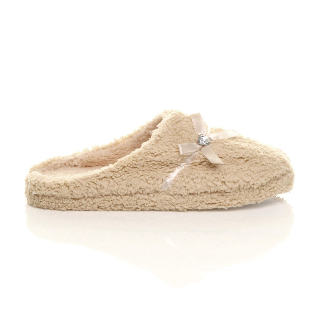 Right side view of Beige Flat Fleece Fluffy Mules Slippers