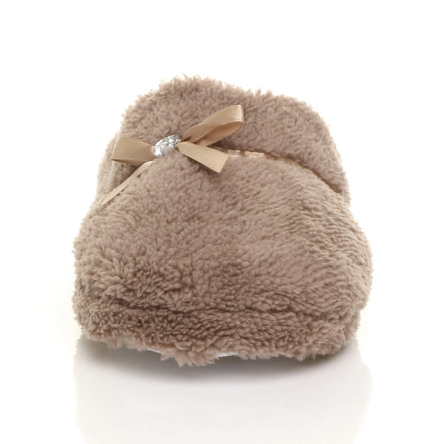 Front view of Mocha Flat Fleece Fluffy Mules Slippers