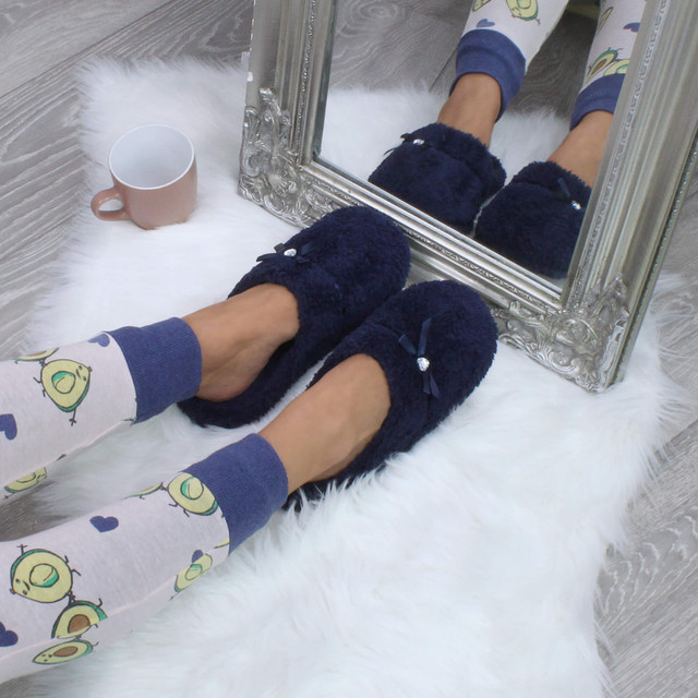 Navy Flat Fleece Fluffy Mules Slippers