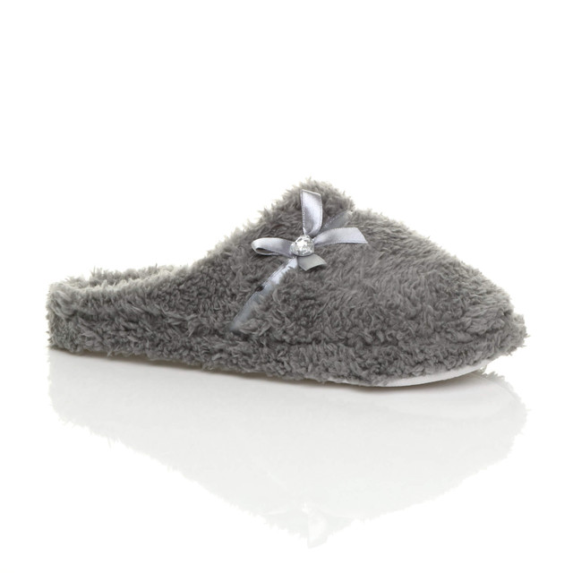 Front right side view of Light Grey Flat Fleece Fluffy Mules Slippers
