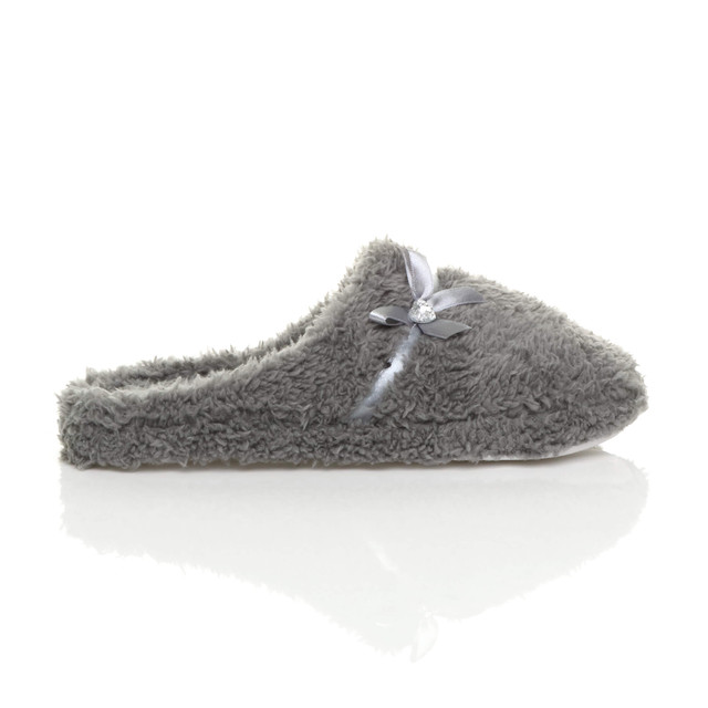 Right side view of Light Grey Flat Fleece Fluffy Mules Slippers