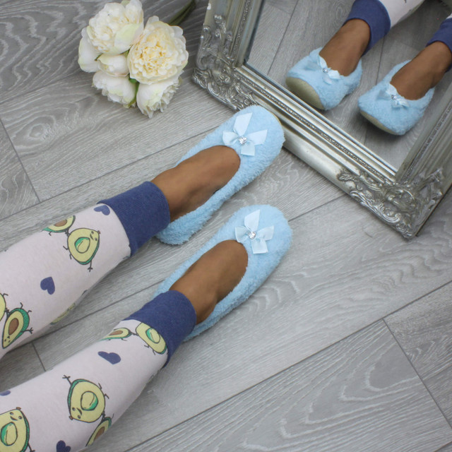 Model wearing Baby Blue Fleece Fluffy Footlets Slippers Socks