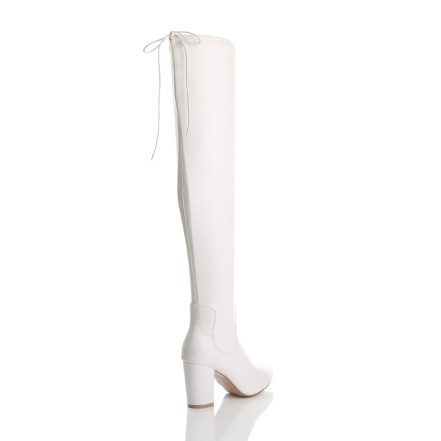 Back right side view of White PU High Block Heel Lace Up Over The Knee Boots