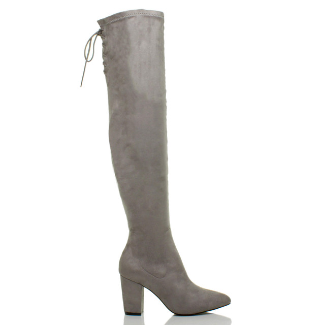 Right side view of Grey Suede High Block Heel Lace Up Over The Knee Boots