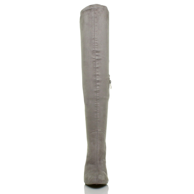 Front view of Grey Suede High Block Heel Lace Up Over The Knee Boots