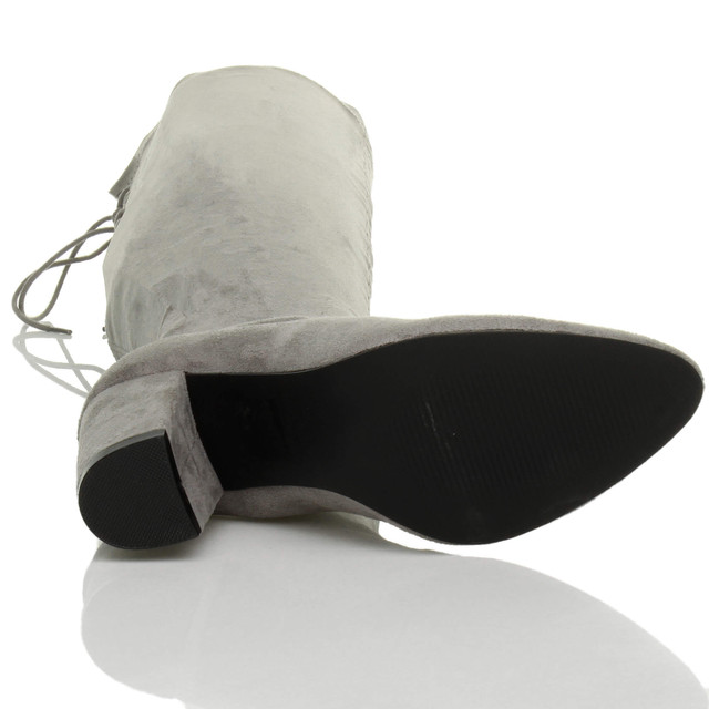 Bottom view of the sole of Grey Suede High Block Heel Lace Up Over The Knee Boots