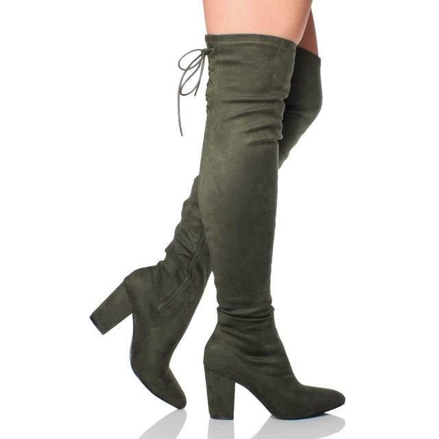 Model wearing Khaki Suede High Block Heel Lace Up Over The Knee Boots