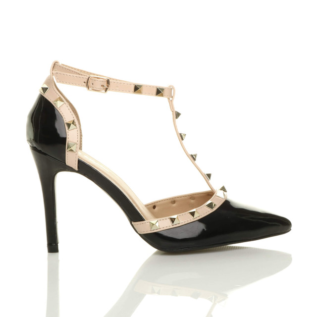 Right side view of Black Patent High Heel Studded T-Bar Pointed Court Shoes