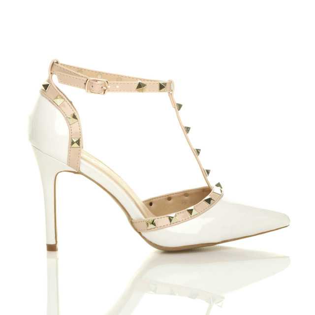 Right side view of White Patent High Heel Studded T-Bar Pointed Court Shoes