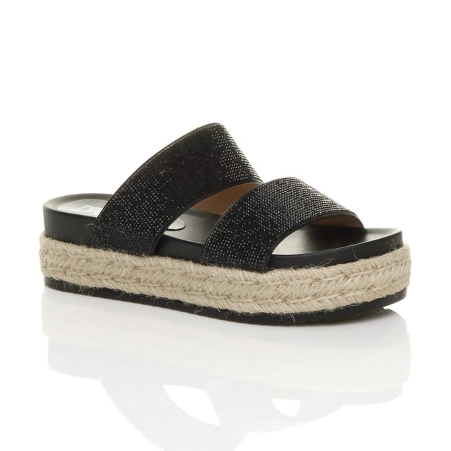 Womens Mid Wedge Heel Diamante Platform Sandals Flatform