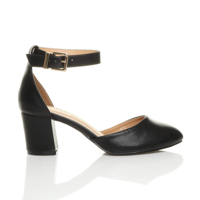 Right side view of Black PU Mid Block Heel Ankle Strap Sandals Court Shoes