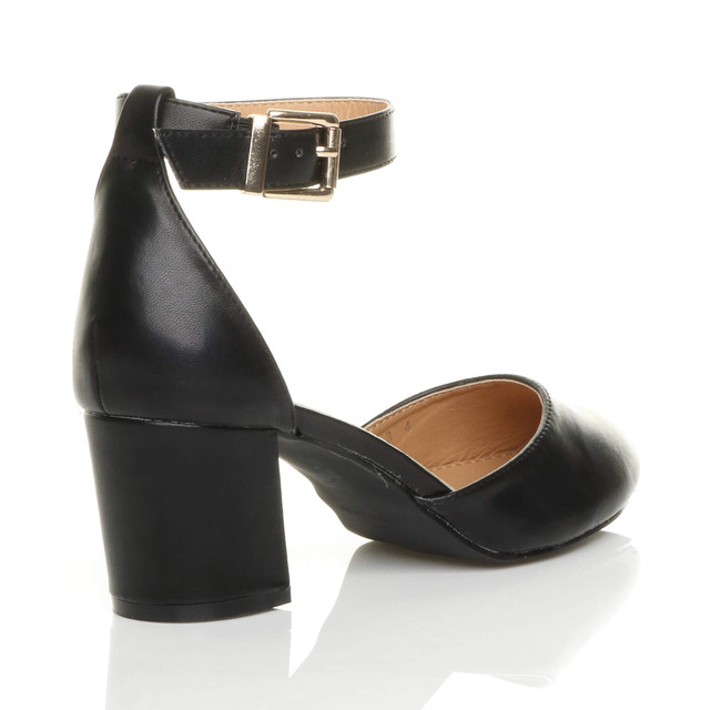Back right side view of Black PU Mid Block Heel Ankle Strap Sandals Court Shoes