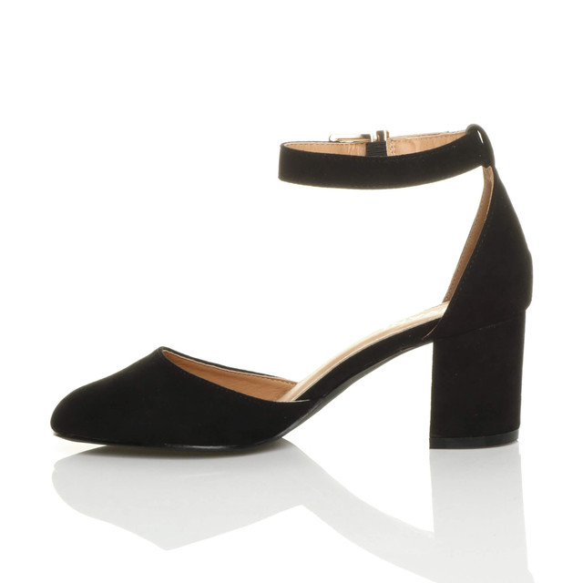 Left side view of Black Suede Mid Block Heel Ankle Strap Sandals Court Shoes