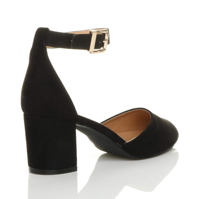 Back right side view of Black Suede Mid Block Heel Ankle Strap Sandals Court Shoes