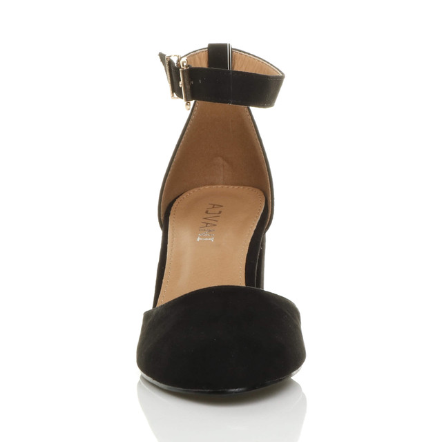 Front view of Black Suede Mid Block Heel Ankle Strap Sandals Court Shoes