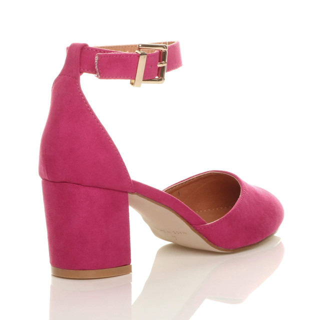 Back right side view of Fuchsia Pink Suede Mid Block Heel Ankle Strap Sandals Court Shoes