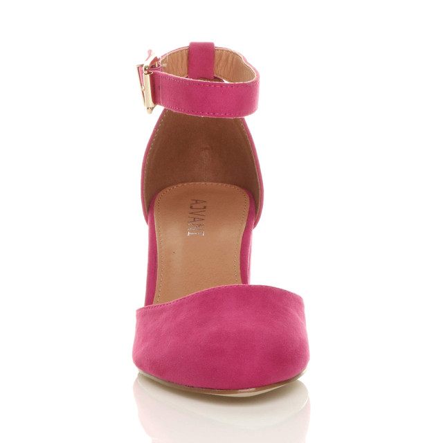 Front view of Fuchsia Pink Suede Mid Block Heel Ankle Strap Sandals Court Shoes