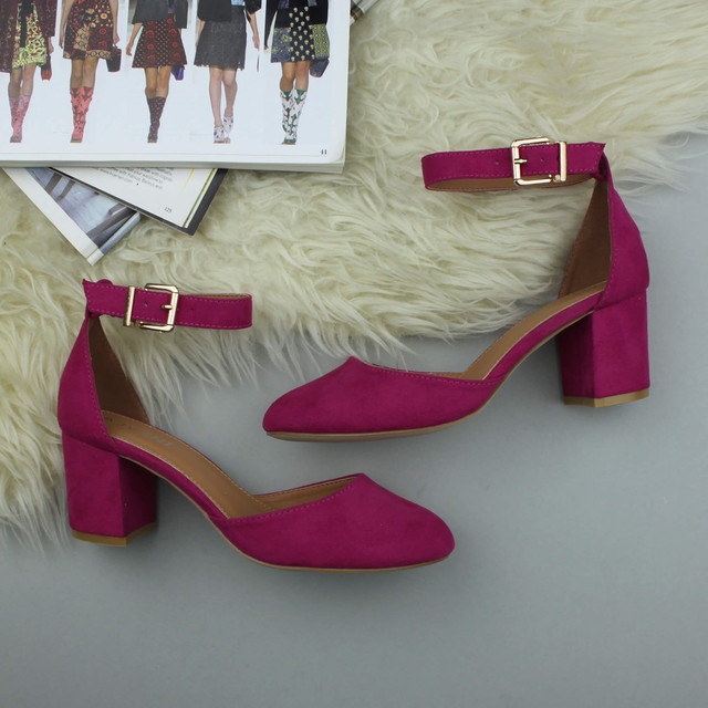 Closeup view of features of Fuchsia Pink Suede Mid Block Heel Ankle Strap Sandals Court Shoes
