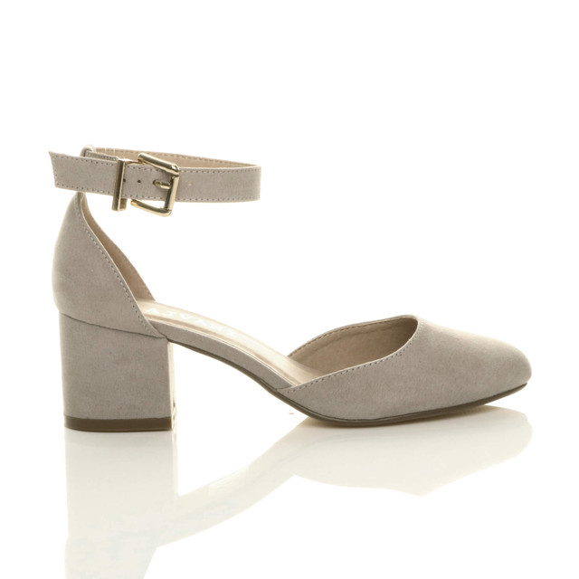 Right side view of Grey Suede Mid Block Heel Ankle Strap Sandals Court Shoes