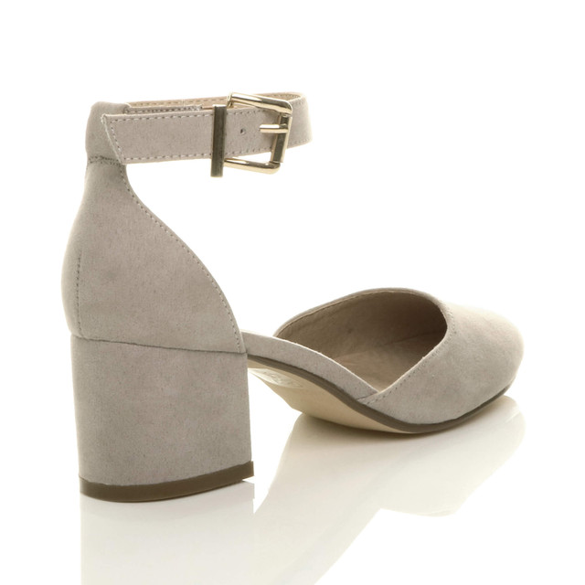 Back right side view of Grey Suede Mid Block Heel Ankle Strap Sandals Court Shoes