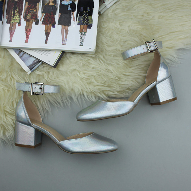 Closeup view of features of Silver Mermaid PU Mid Block Heel Ankle Strap Sandals Court Shoes