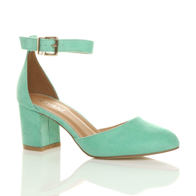 Front right side view of Mint Suede Mid Block Heel Ankle Strap Sandals Court Shoes
