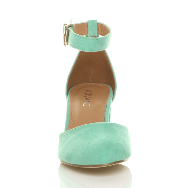 Front view of Mint Suede Mid Block Heel Ankle Strap Sandals Court Shoes
