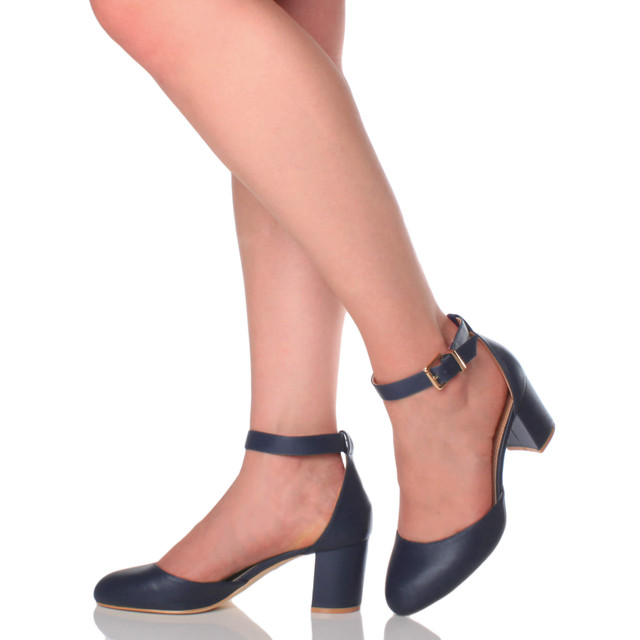 Model wearing Navy PU Mid Block Heel Ankle Strap Sandals Court Shoes