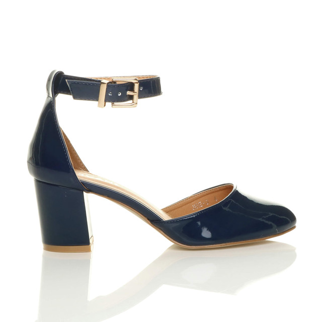 Right side view of Navy Patent Mid Block Heel Ankle Strap Sandals Court Shoes