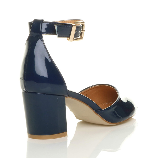 Back right side view of Navy Patent Mid Block Heel Ankle Strap Sandals Court Shoes