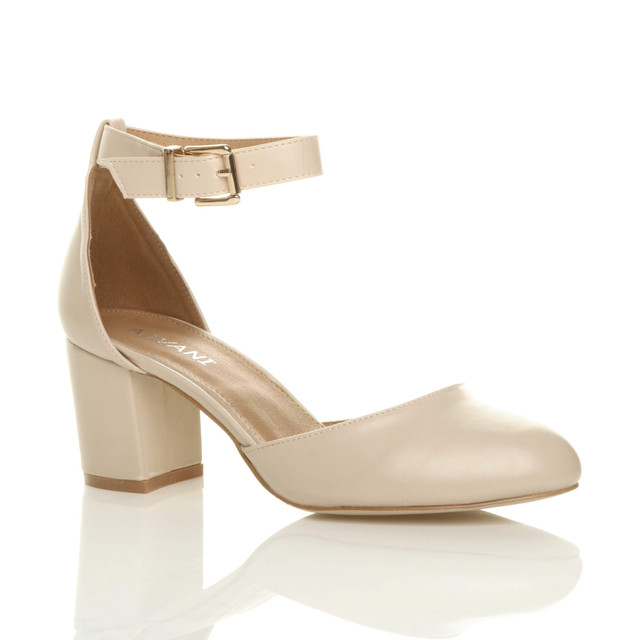Front right side view of Nude PU Mid Block Heel Ankle Strap Sandals Court Shoes