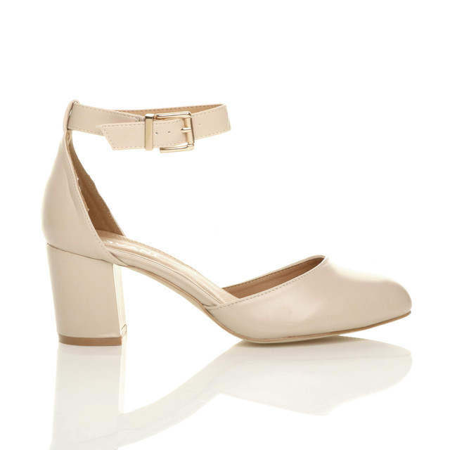 Right side view of Nude PU Mid Block Heel Ankle Strap Sandals Court Shoes